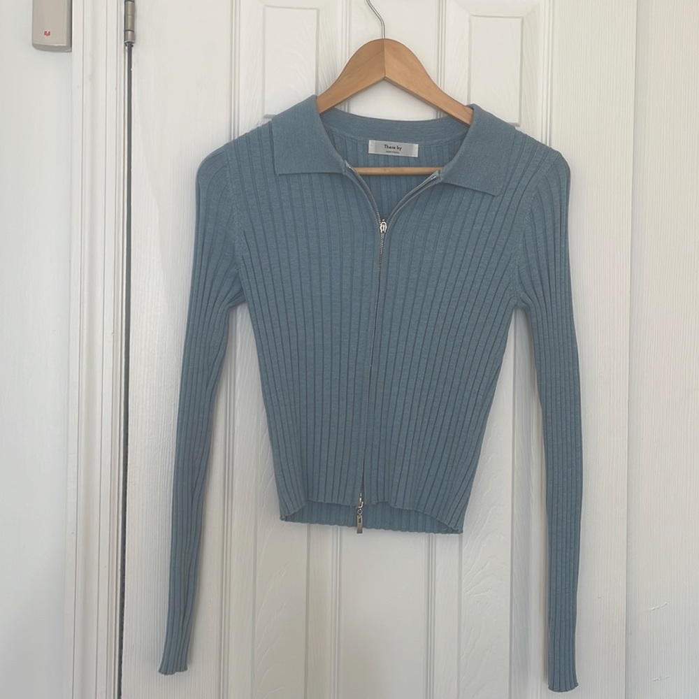 There by dusty blue full zip sweater